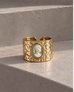 Damenring Gehämmert, Bandring Gold, Breiter Goldring Damen, Statement Ring, Barock Schmuck, Cameo Grün, Geburtstagsgeschenk, Gift for Her